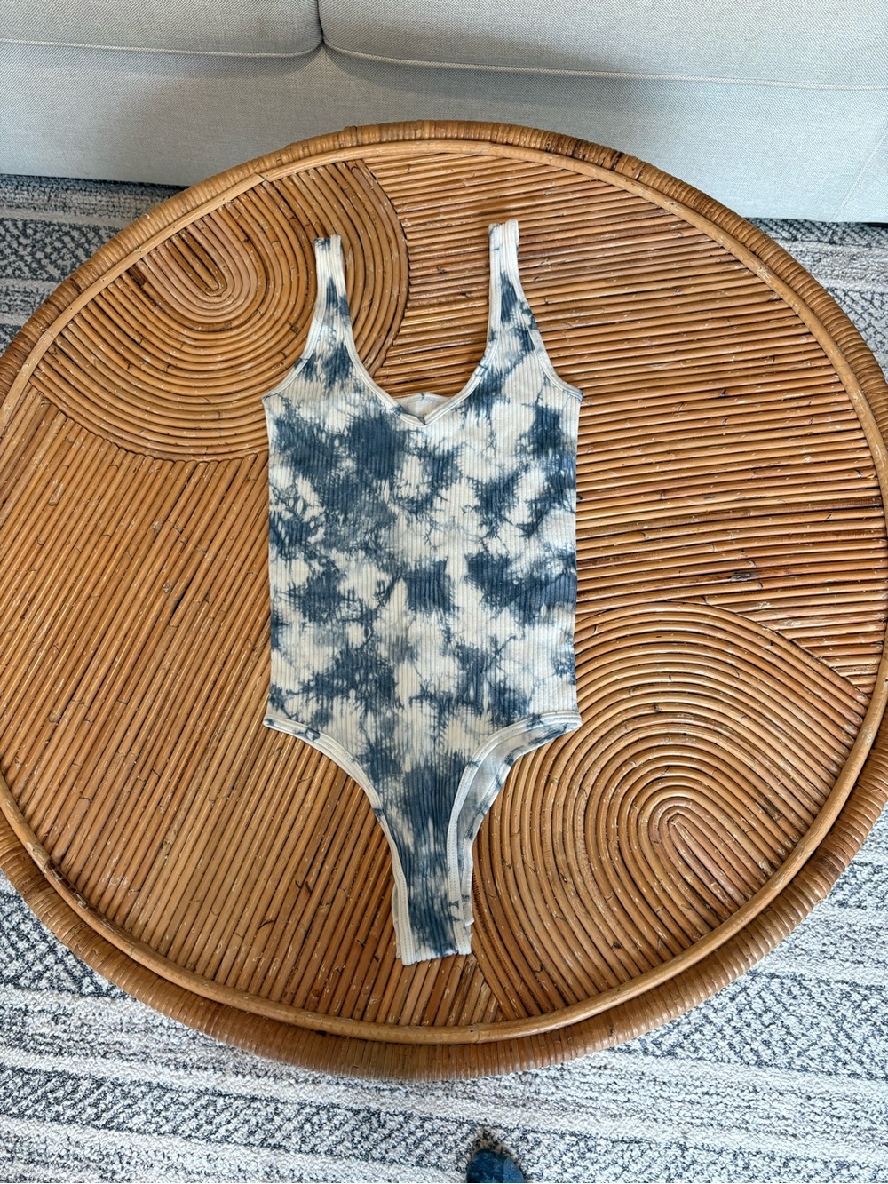 Aura Tie-Dye Ribbed V-Neck Bodysuit in white and blue